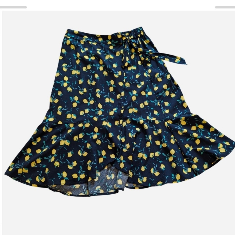 Pre-owned Banana Republic Lemon Print Midi Skirt - Blue and Yellow